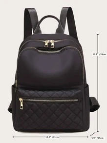 Quilted Design Functional Backpack Quilted Detail Zipper Backpack, Women's Solid Color Bookbag, Casual School Bag For Student - Black - View 5