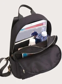 Quilted Design Functional Backpack Quilted Detail Zipper Backpack, Women's Solid Color Bookbag, Casual School Bag For Student - Black - View 6