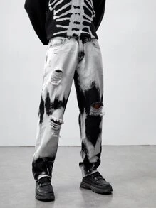 ROMWE MEN Nam Bông Nhuộm buộc Rách Chân thẳng Quần jean rộng thùng thình - Đen và trắng - Xem 1