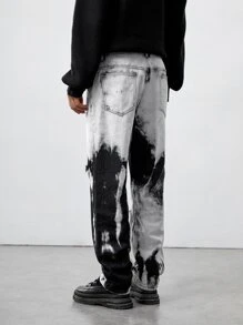 ROMWE MEN Nam Bông Nhuộm buộc Rách Chân thẳng Quần jean rộng thùng thình - Đen và trắng - Xem 2