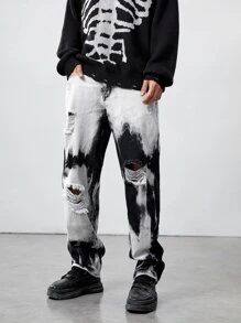 ROMWE MEN Nam Bông Nhuộm buộc Rách Chân thẳng Quần jean rộng thùng thình - Đen và trắng - Xem 3