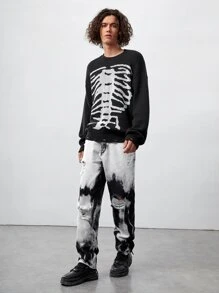 ROMWE MEN Nam Bông Nhuộm buộc Rách Chân thẳng Quần jean rộng thùng thình - Đen và trắng - Xem 4