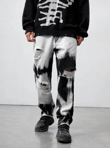 ROMWE MEN Nam Bông Nhuộm buộc Rách Chân thẳng Quần jean rộng thùng thình - Đen và trắng - Xem 5