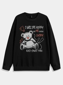 Hombres Sudadera con estampado de oso y slogan - Negro - Ver 1
