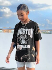 SHEIN Leap Crew Tween Girl Letter Graphic Tie Dye Drop Shoulder Tee - Apricot - View 4