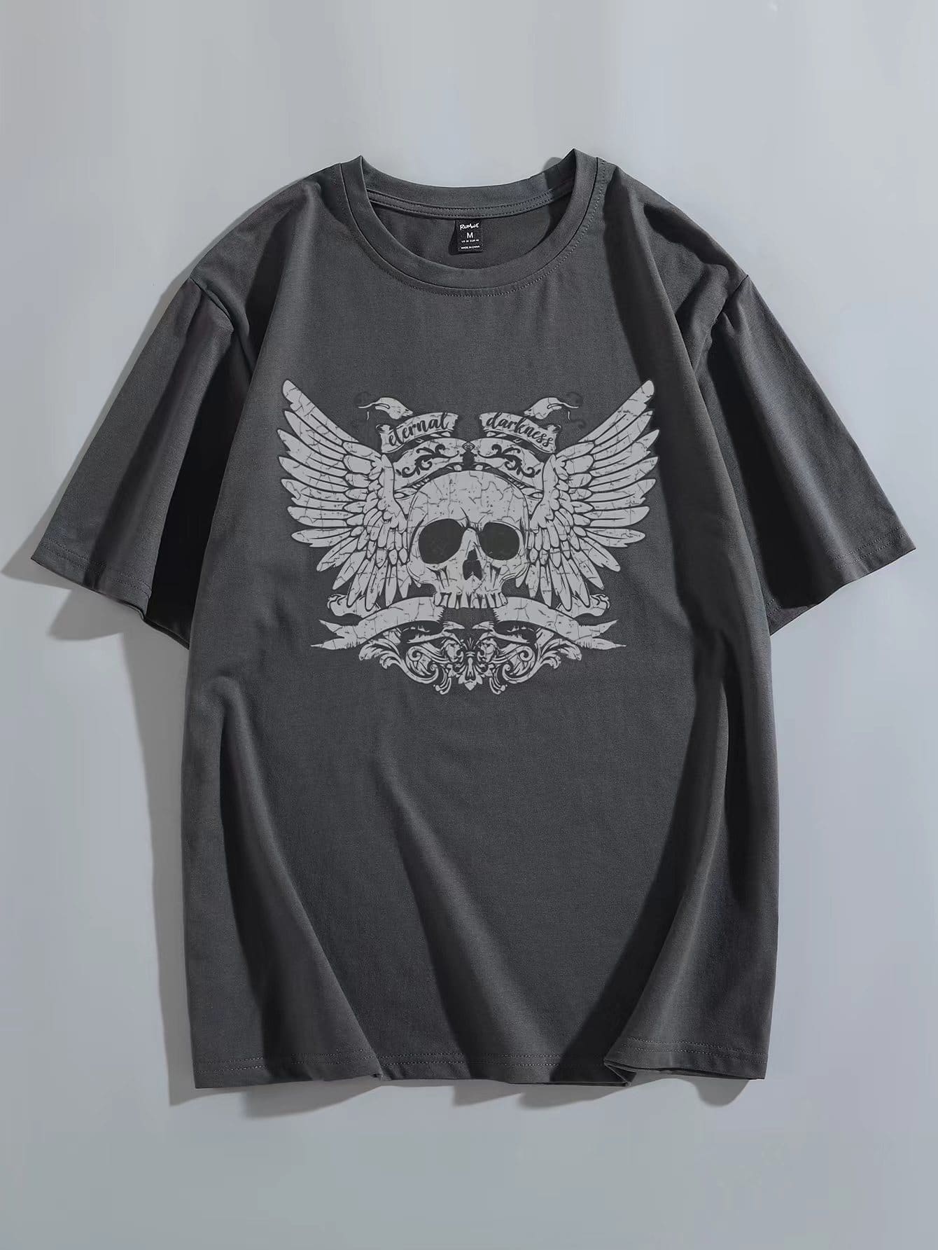 ROMWE MEN Goth Men Cotton Skull & Wings Print Tee - Grey - View 1