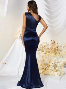 MUXXN Asymmetrical Neck Floor Length Satin Formal Dress Elegant Prom Evening Wedding Guest Gown, For Graduation, Dinner Party Dress