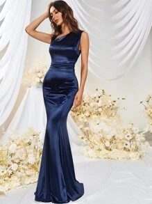 MUXXN Asymmetrical Neck Floor Length Satin Formal Dress Elegant Prom Evening Wedding Guest Gown, For Graduation, Dinner Party Dress