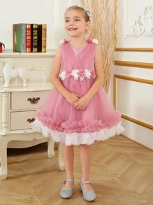 Toddler Girls Appliques Contrast Mesh Ruffle Hem Party Dress - Pink - View 1