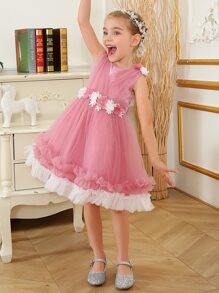 Toddler Girls Appliques Contrast Mesh Ruffle Hem Party Dress - Pink - View 3