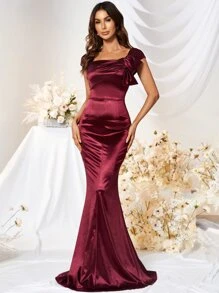 MUXXN Knot Front Floor Length Satin Formal Dress