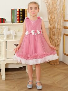 Toddler Girls Appliques Contrast Mesh Ruffle Hem Party Dress - Pink - View 4