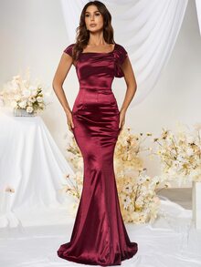 MUXXN Knot Front Floor Length Satin Formal Dress