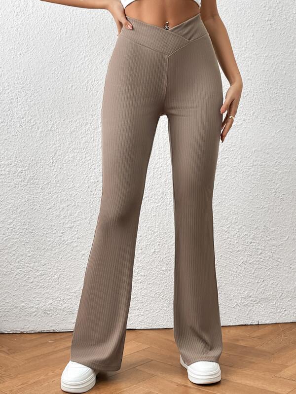 SHEIN Essnce Ribbed Knit Overlap Waist Flare Leg Pants SHEIN USA