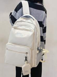Letter Embroidery Functional Backpack With Coin Purse - White - View 2