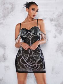 SHEIN BAE 水鑽流蘇邊網紗緊身連衣裙 - 黑色 - 查看 1