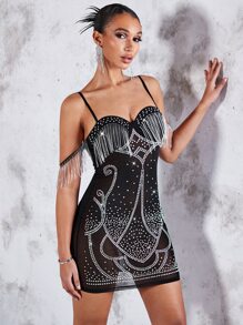 SHEIN BAE 水鑽流蘇邊網紗緊身連衣裙 - 黑色 - 查看 4