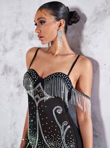 SHEIN BAE 水鑽流蘇邊網紗緊身連衣裙 - 黑色 - 查看 5