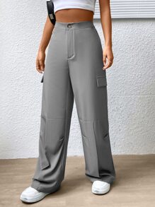 SHEIN Unity Zip Fly Flap Detail Wide Leg Trousers - Grey - View 1