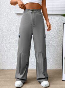 SHEIN Unity Zip Fly Flap Detail Wide Leg Trousers - Grey - View 6