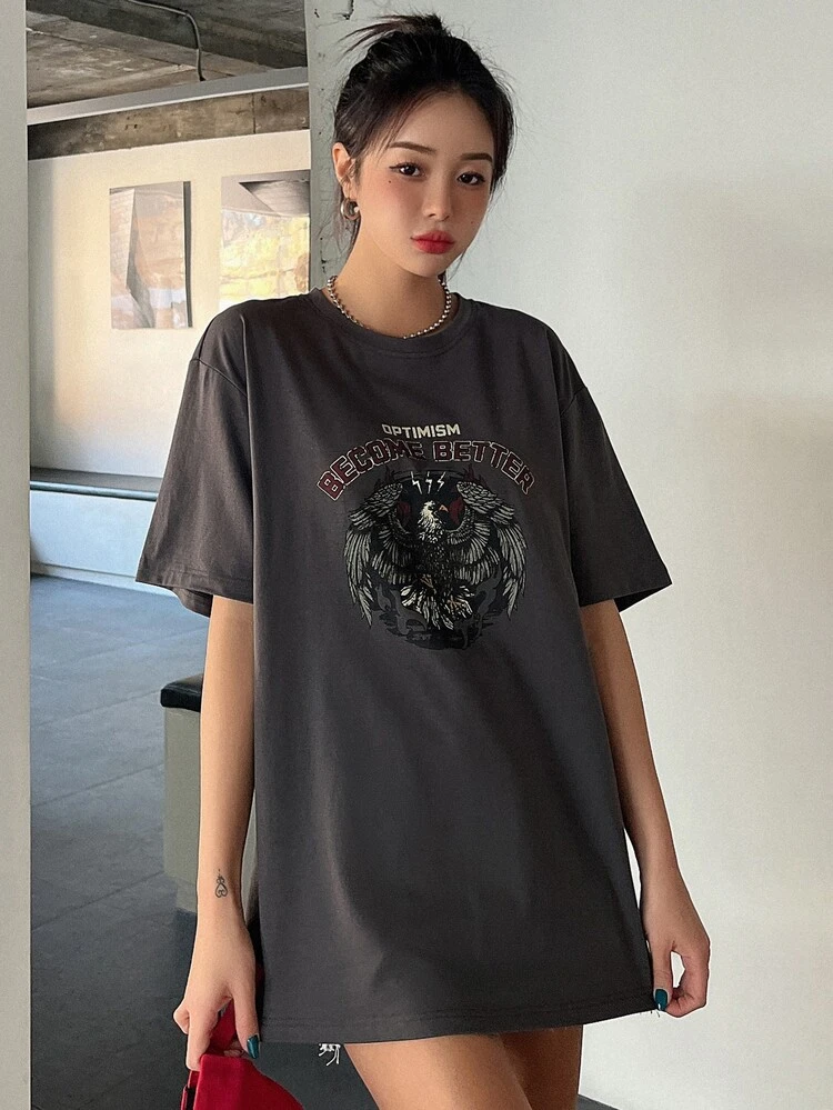 Letter & Eagle Print Drop Shoulder Tee