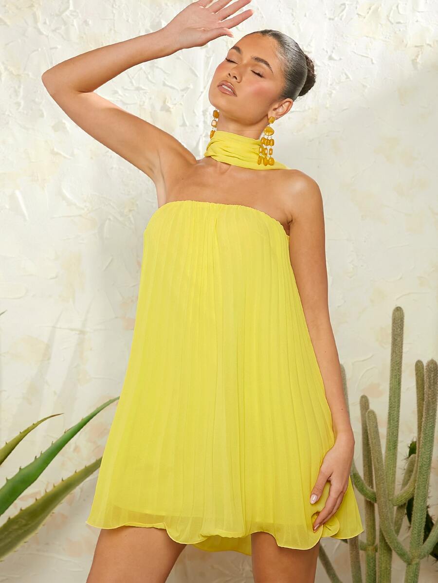L'Amorae Simple Fashionable Neck Tie Pleated Dress, Suitable For Summer - Yellow - View 1