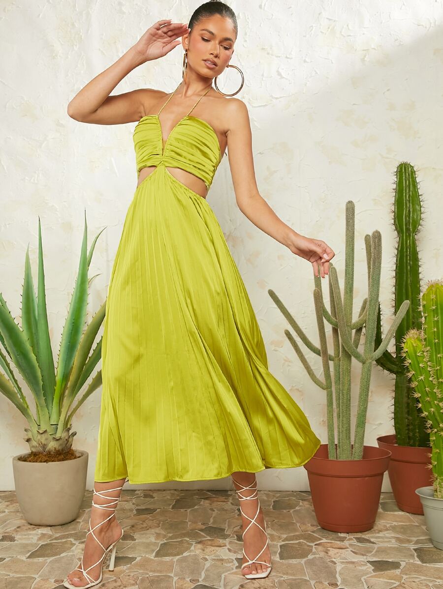 L'Amorae Cut Out Waist Pleated Tie Satin Dress - Olive Green - View 1