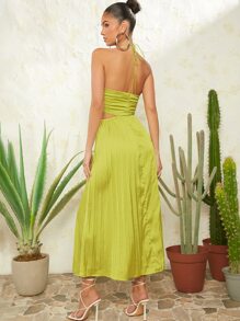 L'Amorae Cut Out Waist Pleated Tie Satin Dress - Olive Green - View 2