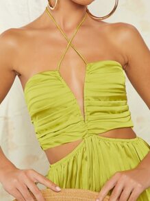 L'Amorae Cut Out Waist Pleated Tie Satin Dress - Olive Green - View 3