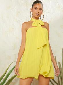 L'Amorae Simple Fashionable Neck Tie Pleated Dress, Suitable For Summer - Yellow - View 4