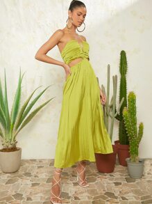 L'Amorae Cut Out Waist Pleated Tie Satin Dress - Olive Green - View 4