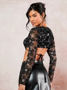 SHEIN BAE Sequin Decor Mesh Crop Top - Black - View 2