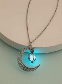Glow In The Dark Moon & Lantern Charm Necklace - Silver - View 1