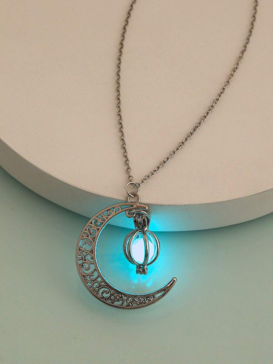 Glow In The Dark Moon & Lantern Charm Necklace - Silver - View 1