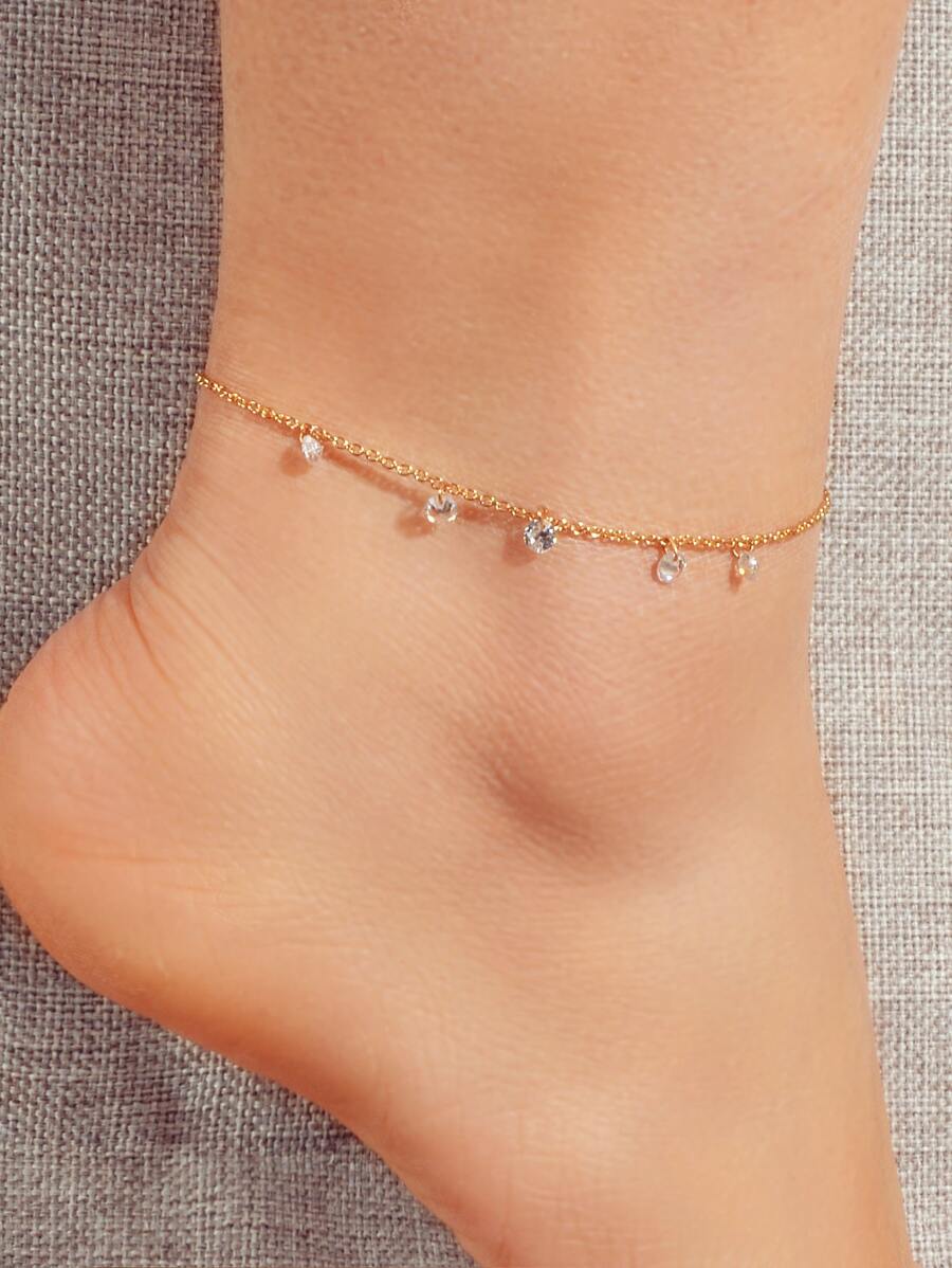 Rhinestone Charm Anklet - Yellow Gold - View 1