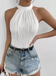 Almamuse Solid Halter Neck Bodysuit - White - View 5