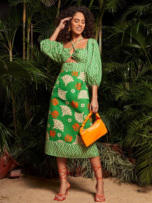 Travachic Geo Print Cut Out Front Lantern Sleeve Dress