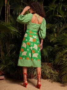 Travachic Geo Print Cut Out Front Lantern Sleeve Dress - Multicolor - View 2