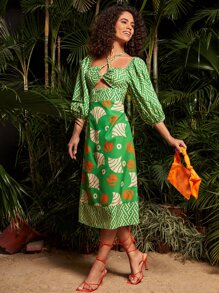 Travachic Geo Print Cut Out Front Lantern Sleeve Dress - Multicolor - View 4