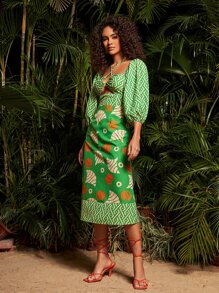 Travachic Geo Print Cut Out Front Lantern Sleeve Dress - Multicolor - View 7