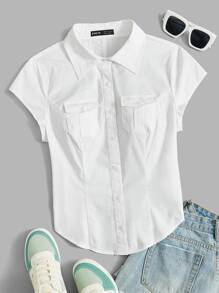 SHEIN EZwear Flap Pocket Button Front Shirt - White - View 1