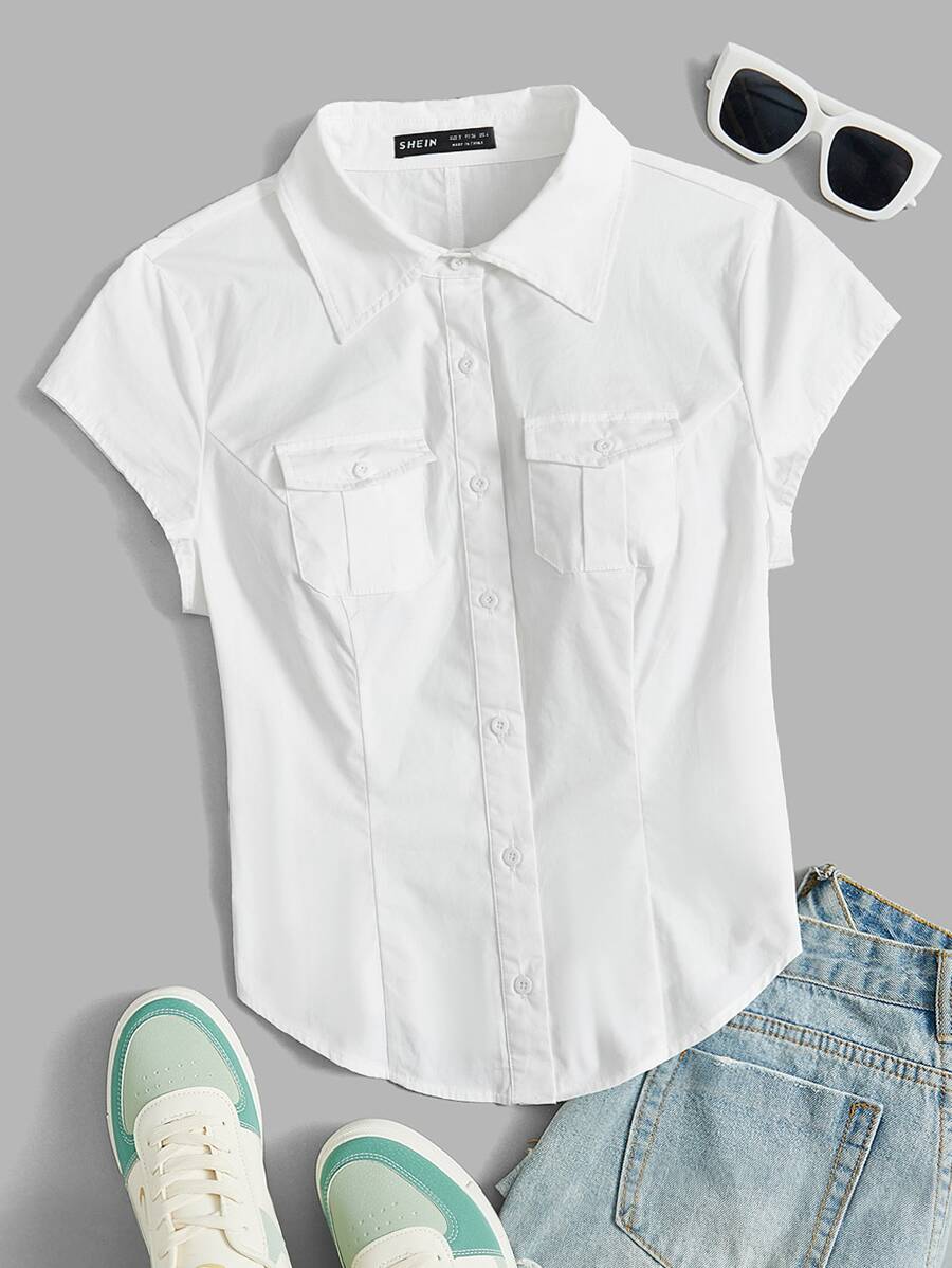 SHEIN EZwear Flap Pocket Button Front Shirt - White - View 1