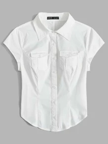 SHEIN EZwear Flap Pocket Button Front Shirt - White - View 3