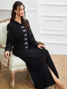 Al Najma Floral Rhinestone Split Hem Hooded Dress Kaftan Jalabiya Dress - Black - View 1