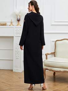 Al Najma Floral Rhinestone Split Hem Hooded Dress Kaftan Jalabiya Dress - Black - View 2