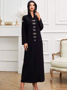 Al Najma Floral Rhinestone Split Hem Hooded Dress Kaftan Jalabiya Dress - Black - View 3