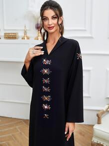 Al Najma Floral Rhinestone Split Hem Hooded Dress Kaftan Jalabiya Dress - Black - View 5