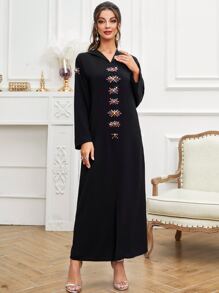 Al Najma Floral Rhinestone Split Hem Hooded Dress Kaftan Jalabiya Dress - Black - View 7