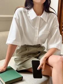 DAZY Solid Button Front Drop Shoulder Shirt - White - View 6