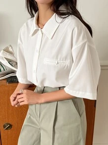 DAZY Solid Button Front Drop Shoulder Shirt - White - View 5
